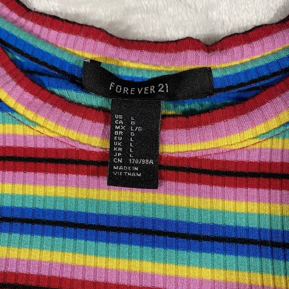 Forever 21 Rainbow Crop Top 90's Baby Tee Festival Stretch Stripes Sz Lg - Picture 3 of 5